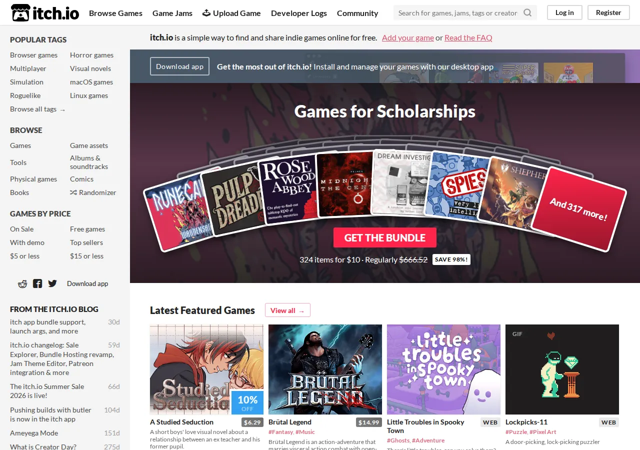 itch.io 平台界面预览 - 首页界面示意